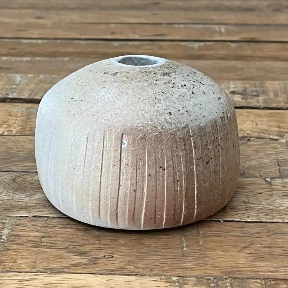 Studio Art Pottery Stoneware Weed Pot 3 in Ivory Round Textured Signed Buck 1989